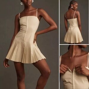 Mare Mare Anthropologie Square Neck Pleated Mini Dress Beige Medium EUC